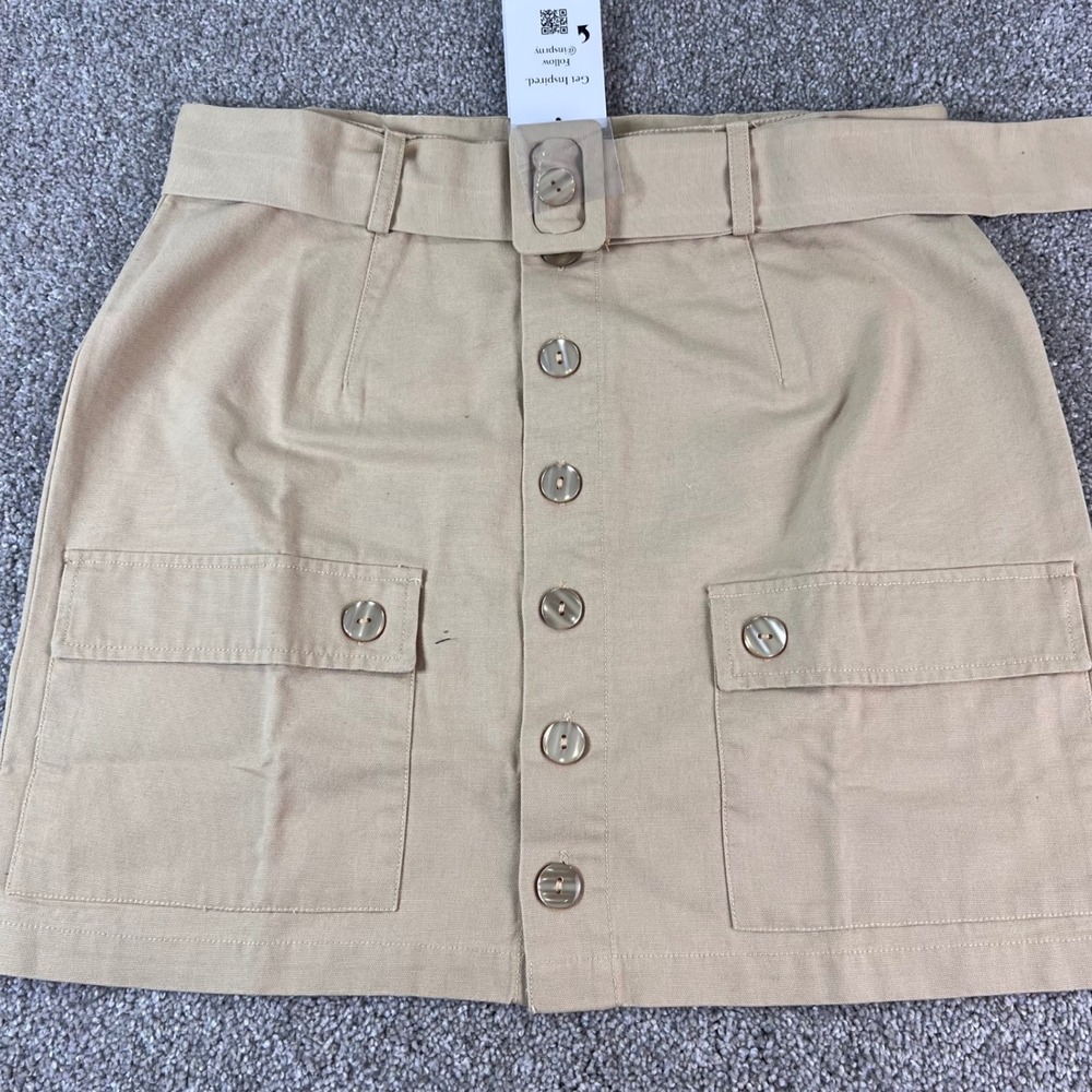 NWT INSPR by Tezza Twill Utility Skirt‎ Size M Beige Button Front Belted Pockets